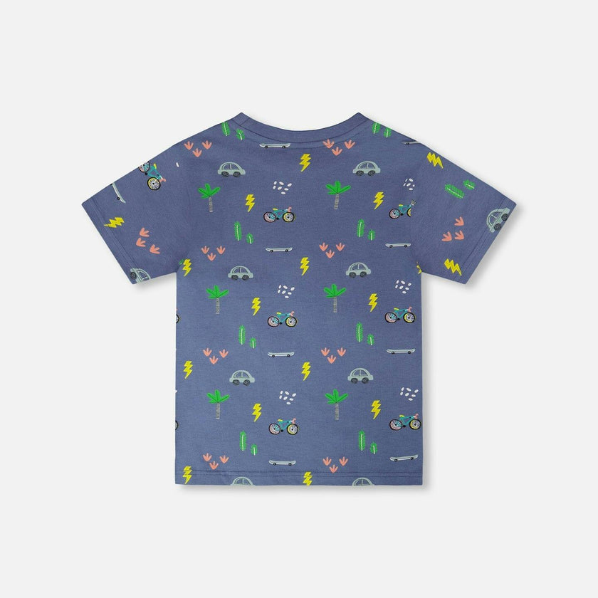 Organic Cotton Jersey T-Shirt Blue Bicycle Print