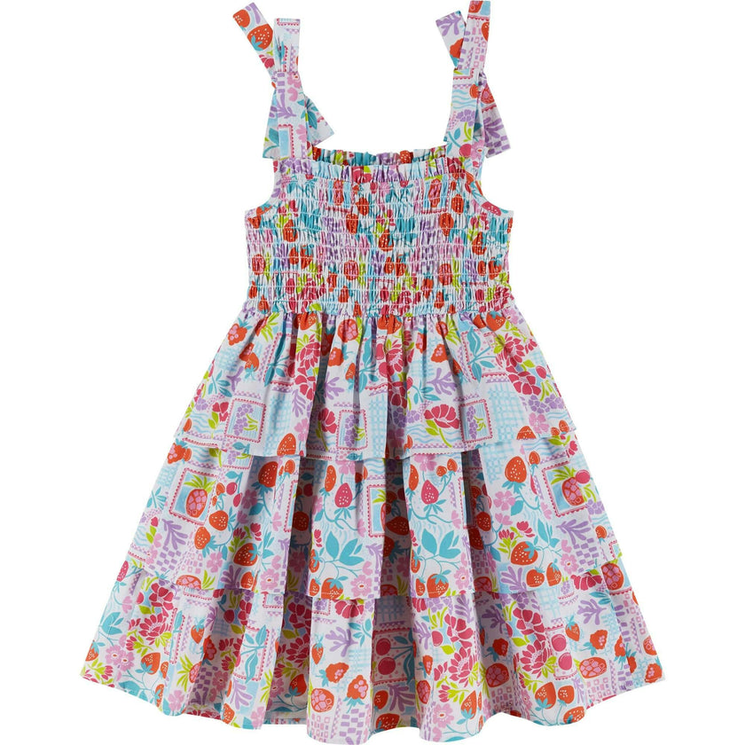 Girls Tiered Poplin Dress | White Strawberry
