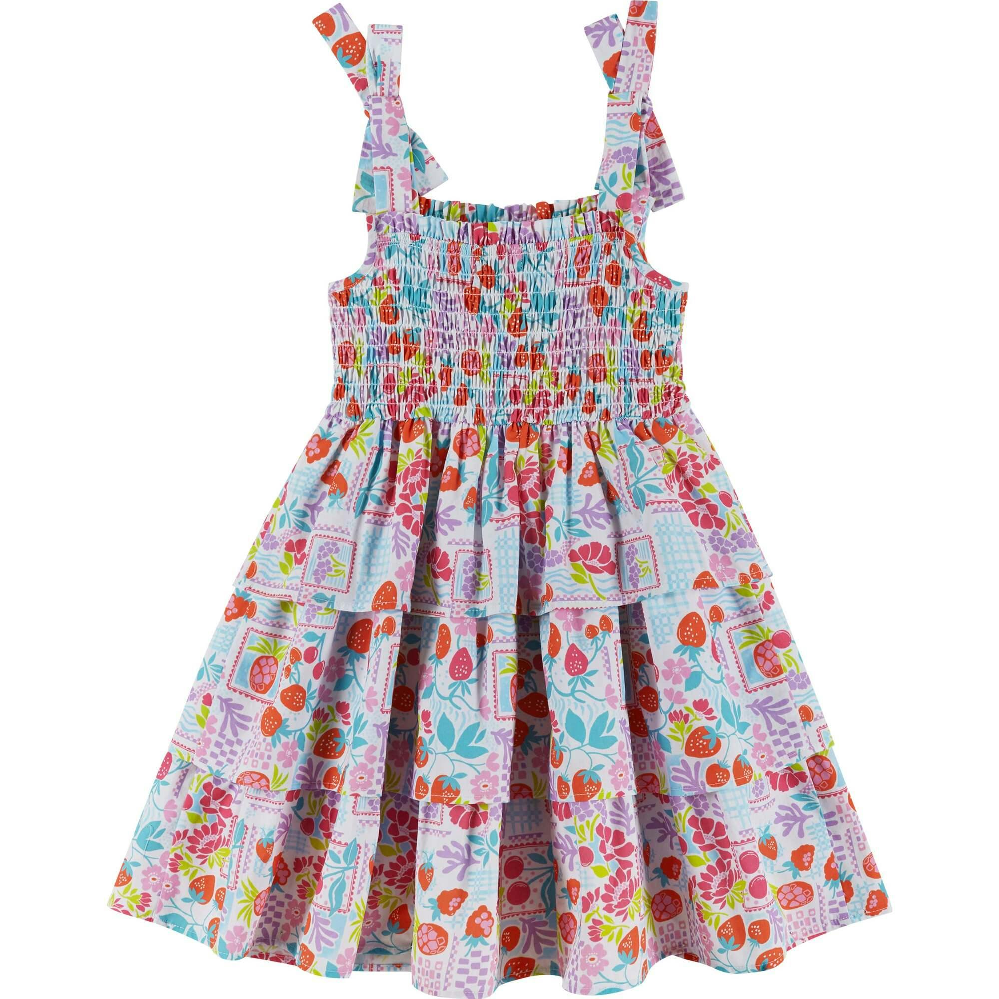 Girls Tiered Poplin Dress | White Strawberry