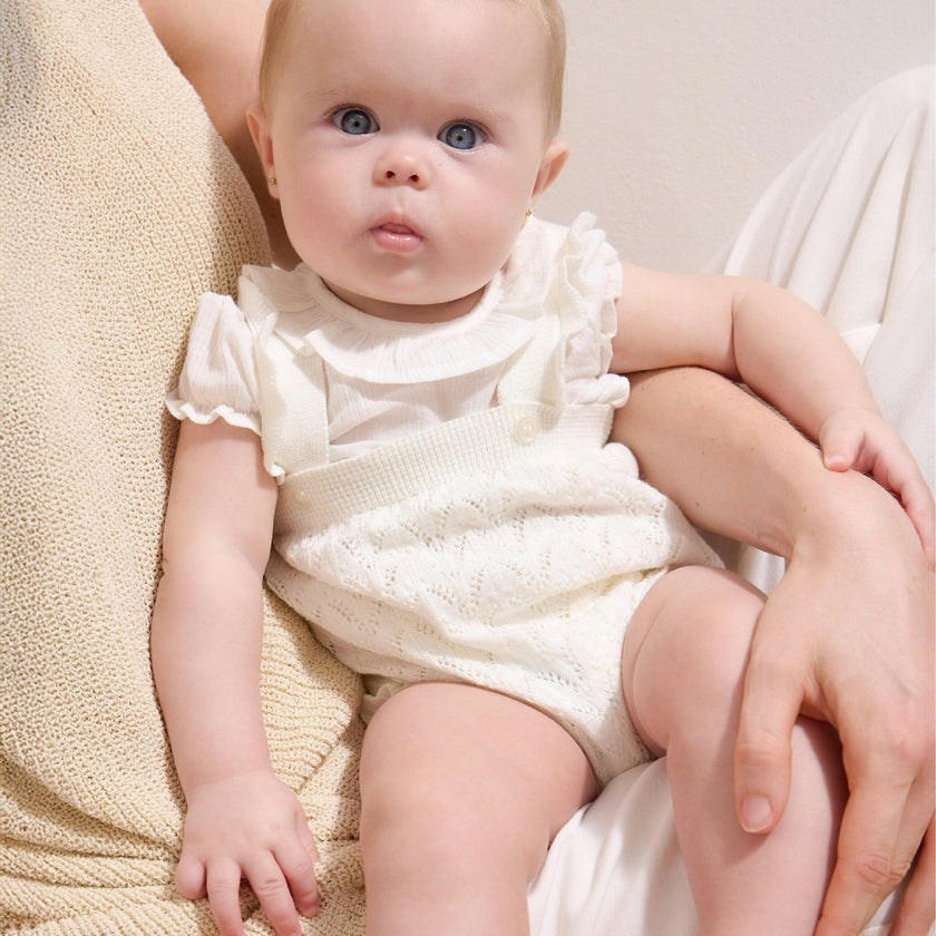 White Knitted Baby Romper with Puff Sleeves