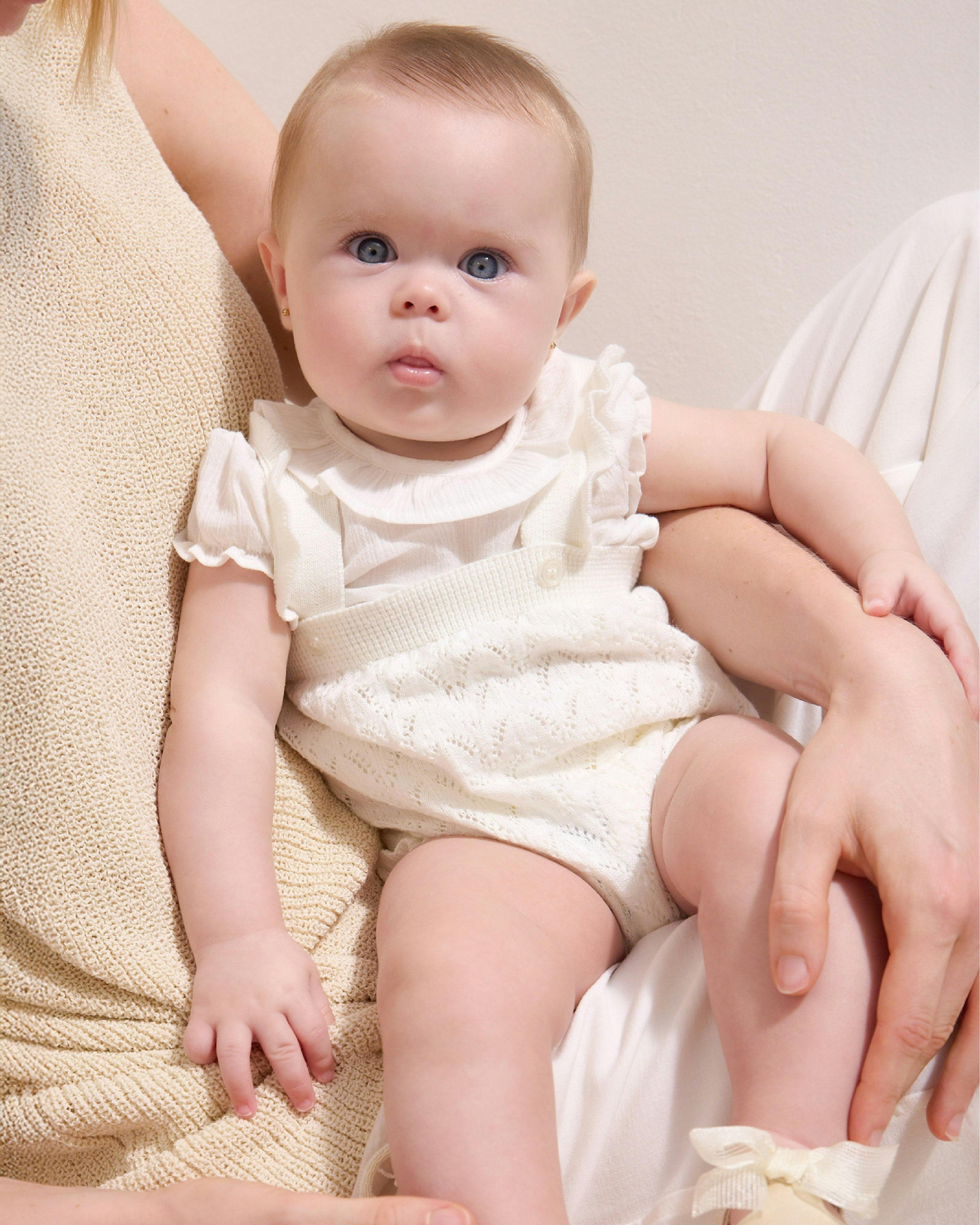White Knitted Baby Romper with Puff Sleeves
