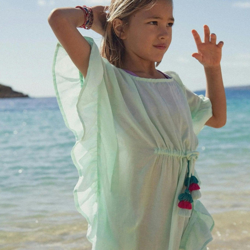 Girl's kaftan with pompoms, aqua | LEA