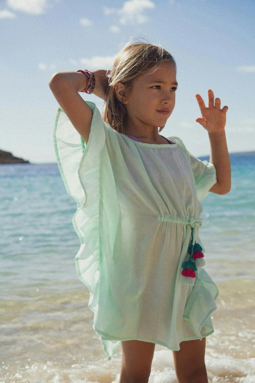 Girl's kaftan with pompoms, aqua | LEA