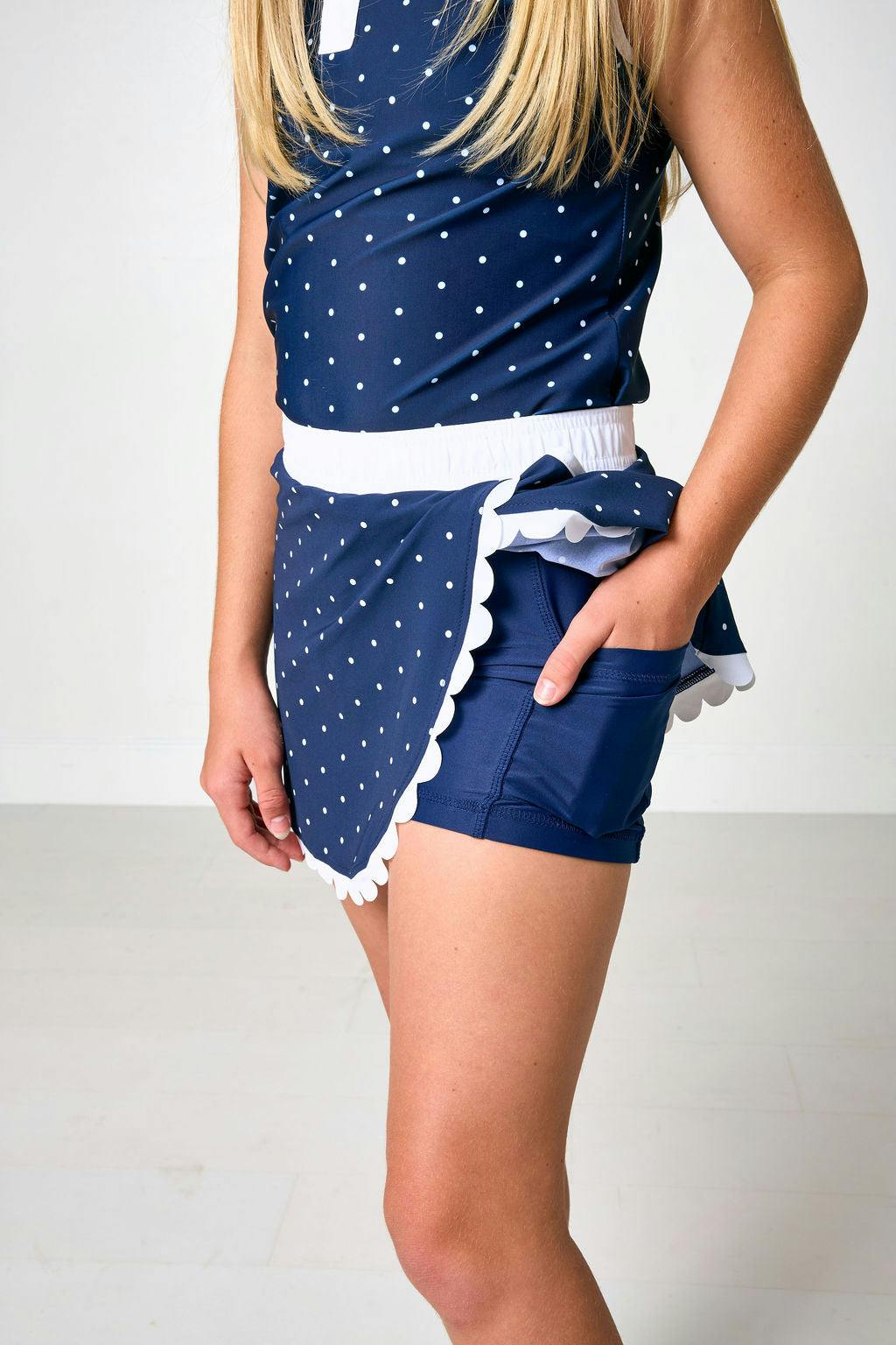 navy/white polka dot scalloped skort