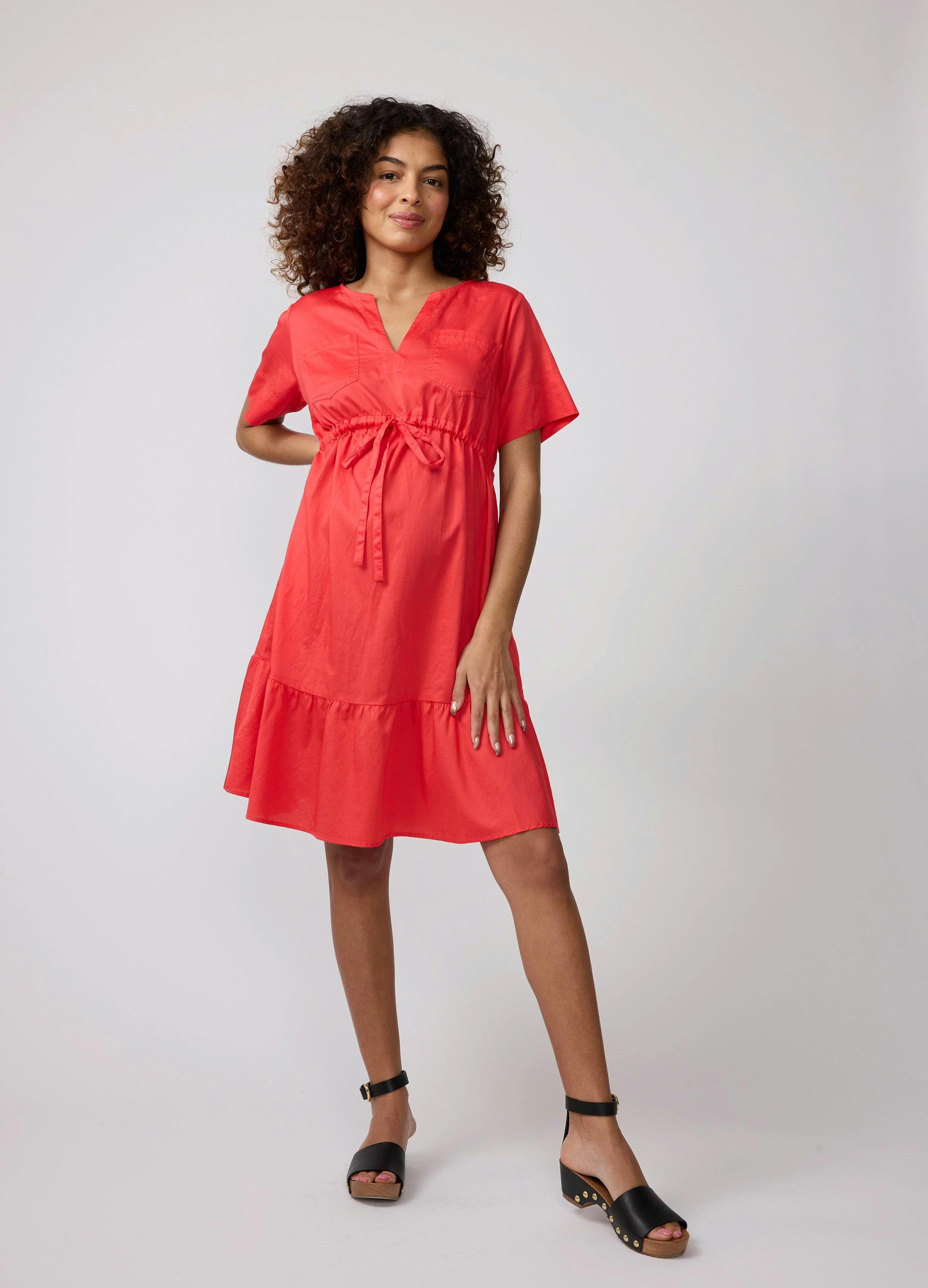 Short Sleeve Tiered Cotton Maternity Shirt Dress