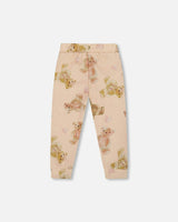 Glittering French Terry Sweatpants Beige Teddy Bear Print