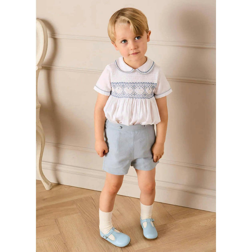 Hand Smocked Peter Pan Collar Short Sleeve Two Piece Set in Sky Blue (12mths-6yrs)