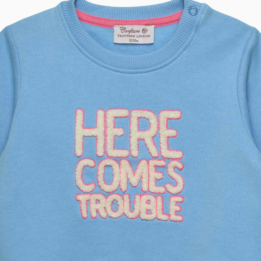 Baby Here Comes Trouble Sweatshirt in Blue/Pink