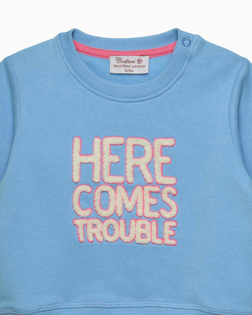 Baby Here Comes Trouble Sweatshirt in Blue/Pink
