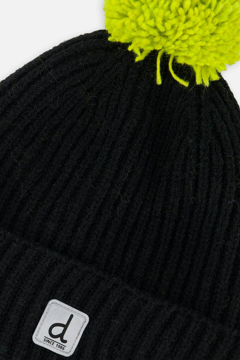 Winter Knit Hat with Pompom Black and Green
