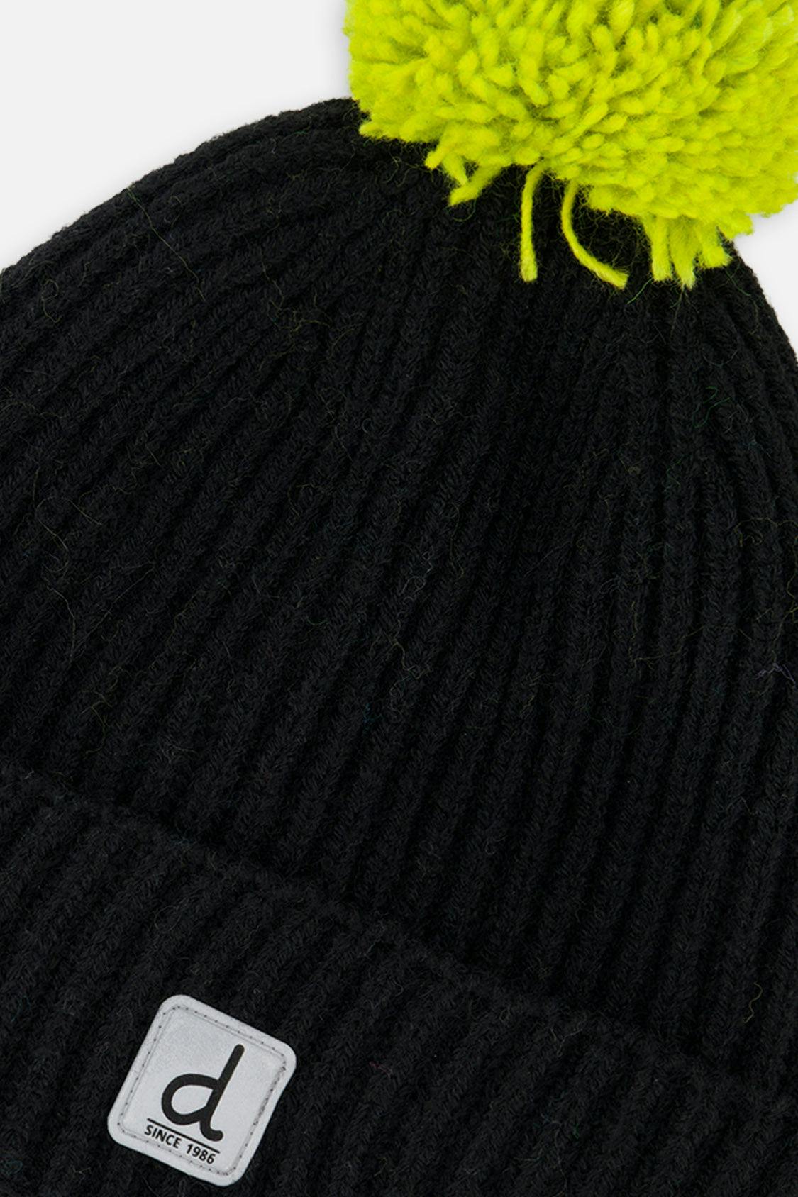 Winter Knit Hat with Pompom Black and Green