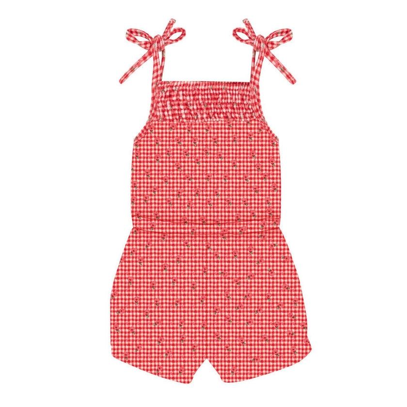 girls cranberry gingham french terry romper
