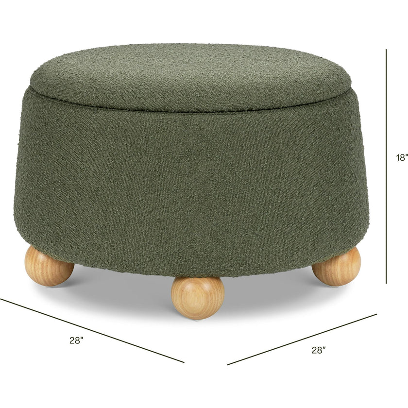 Tuffet Storage Ottoman in Performance Olive Boucle with Honey Ball Feet