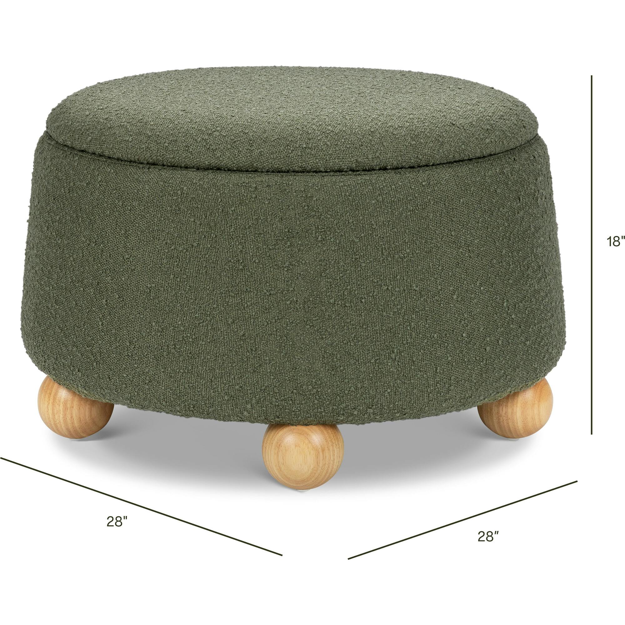 Tuffet Storage Ottoman in Performance Olive Boucle with Honey Ball Feet