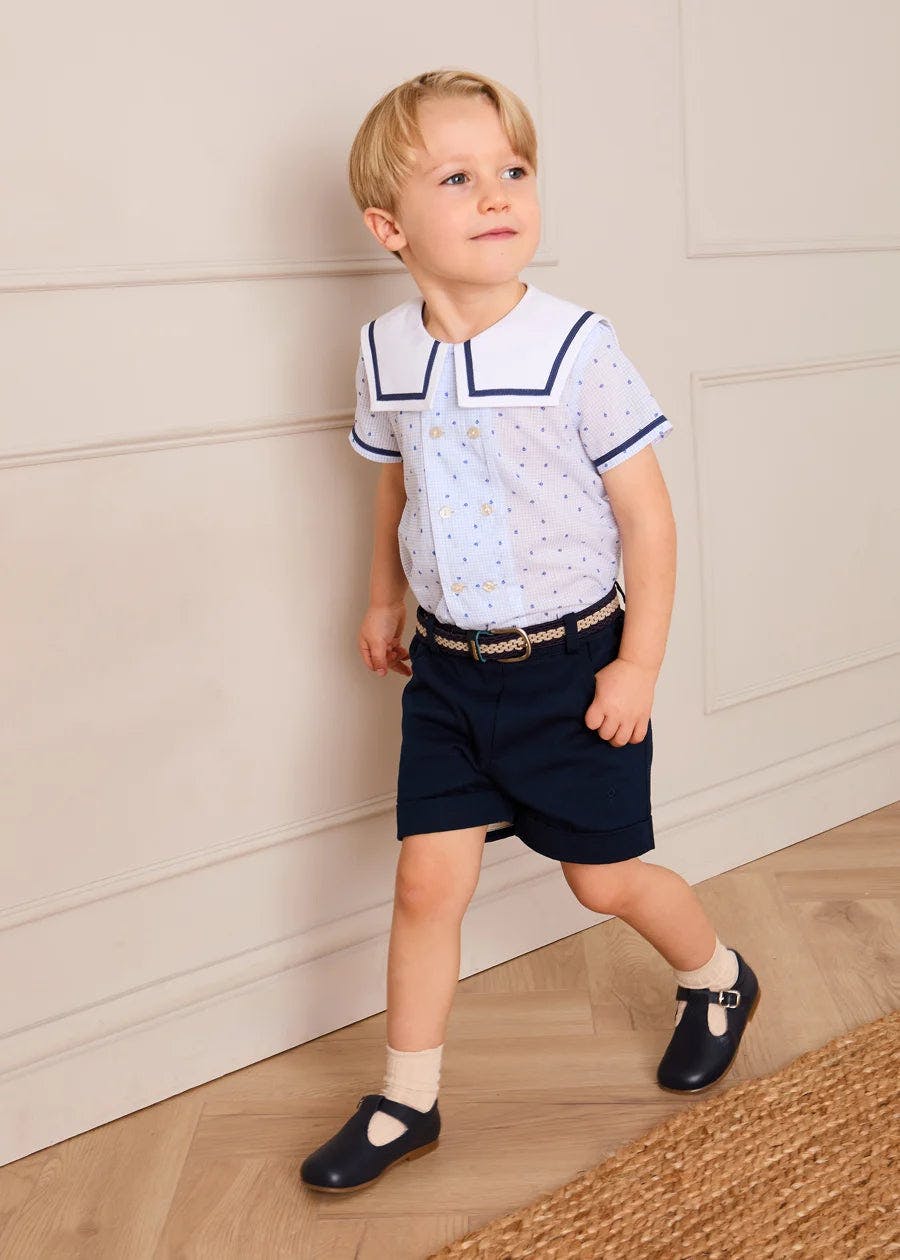 Noah Check Mariner Collar Double Breasted Shirt in Blue (18mths-6yrs)