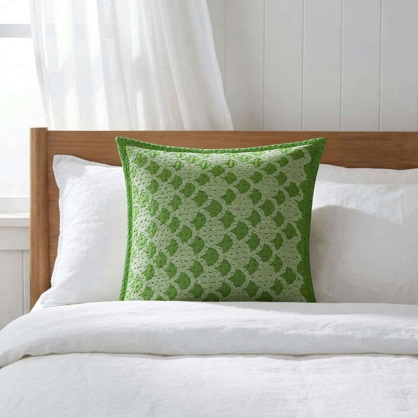 Artisan Hand Loomed Cotton Square Pillow - Green Ginkgo Design - 24"