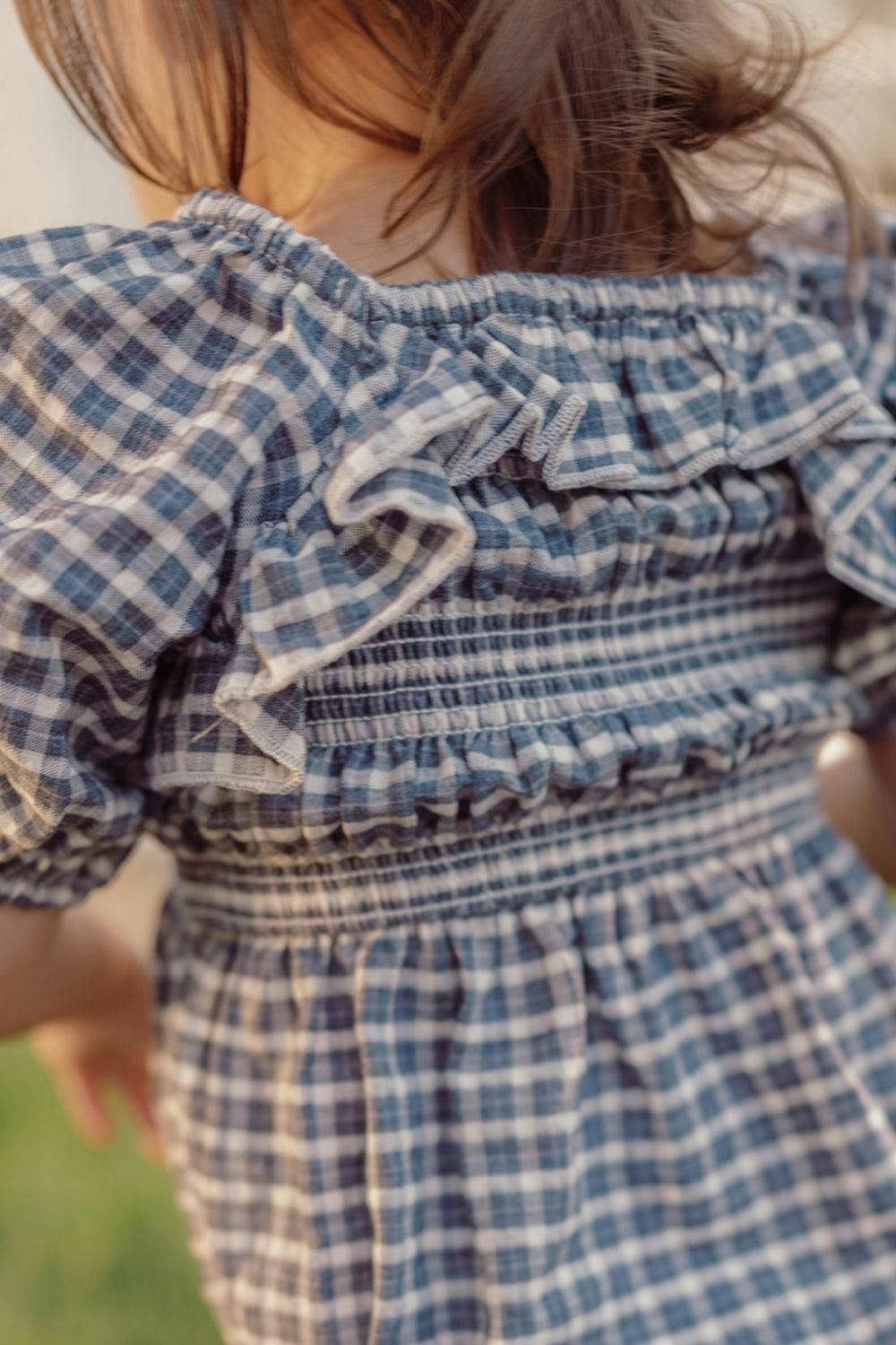 Baby Mae 3/4 Sleeves Romper in Prussian Blue Plaid