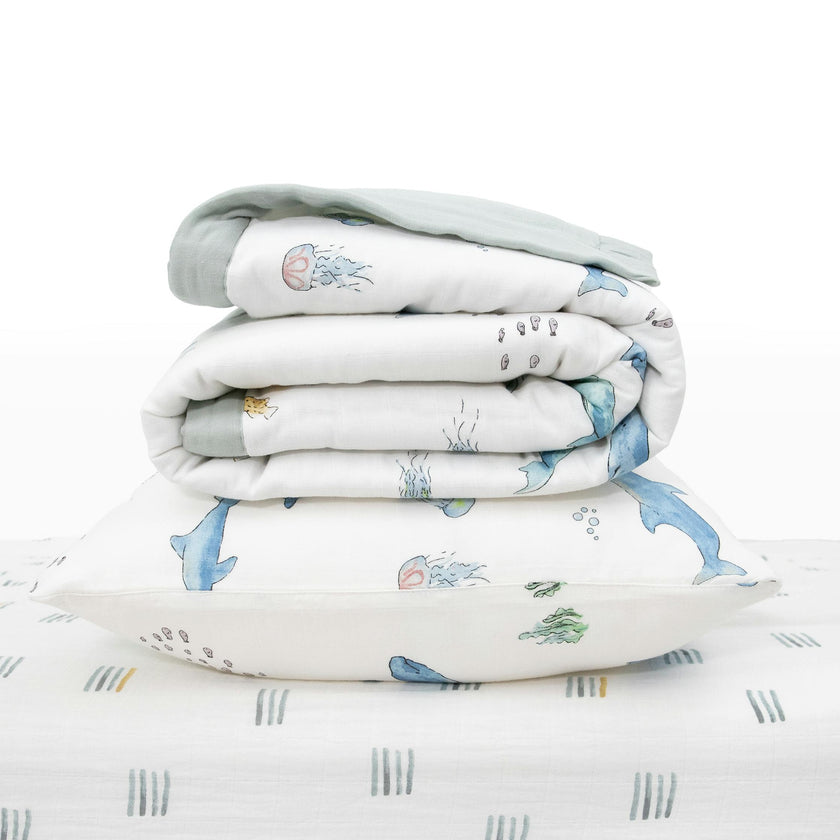 Cotton Muslin Toddler Bedding 3 Piece Set - Whales