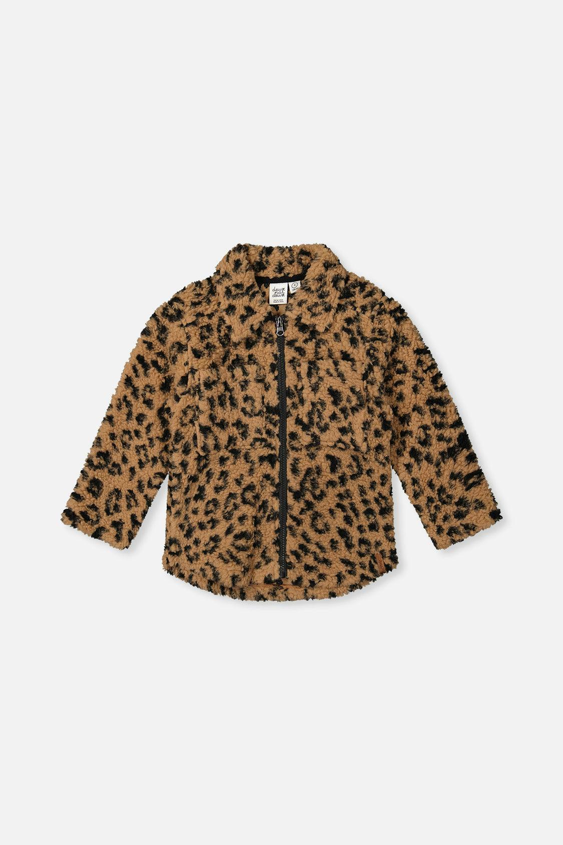 Zipped Sherpa Overshirt With Chest Pockets Leopard Fur