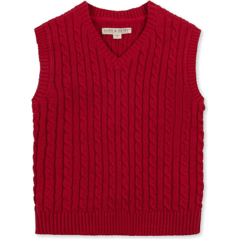 Boy's Organic V-Neck Cable Sweater Vest, Red