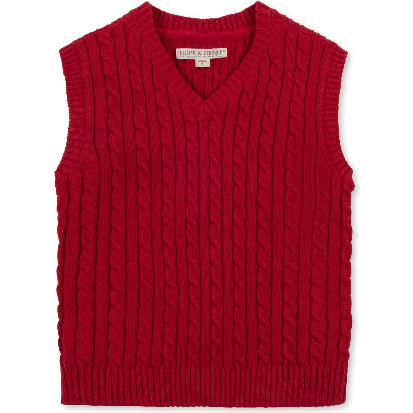 Boy's Organic V-Neck Cable Sweater Vest, Red