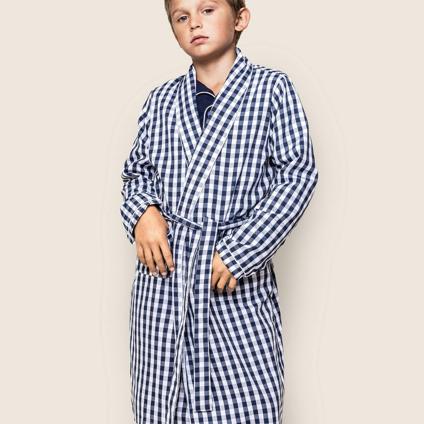 Kid's Twill Robe in Navy Gingham