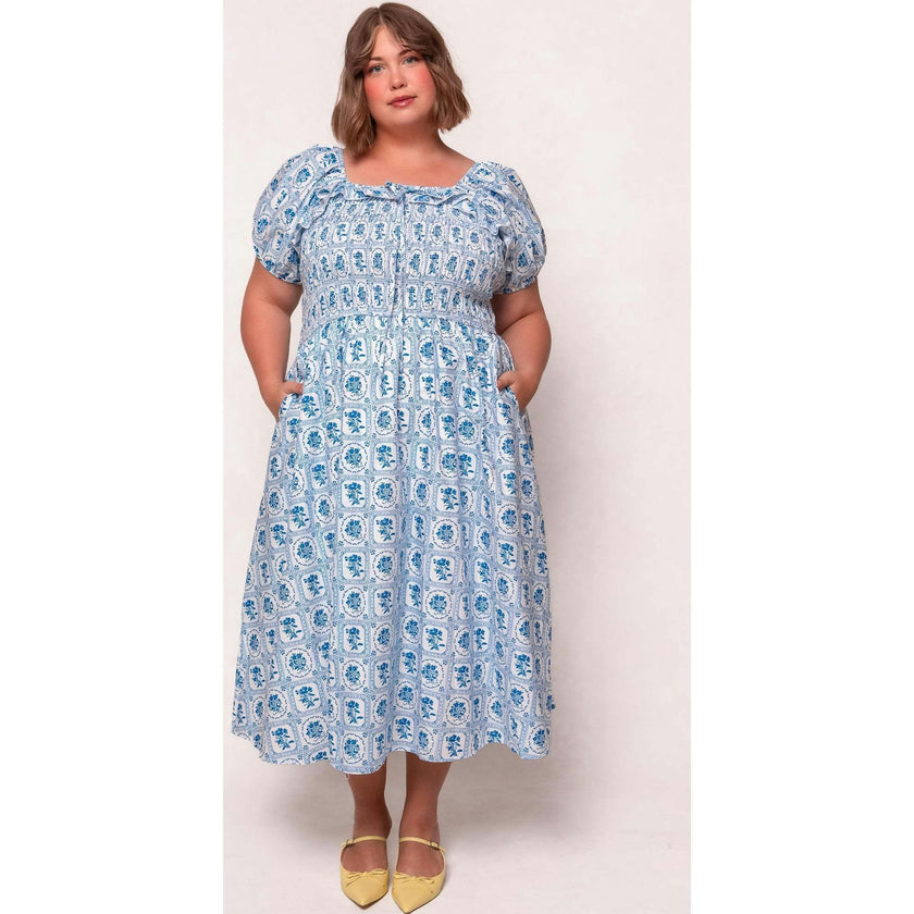 Mae Dress in Blue Floral Stamp