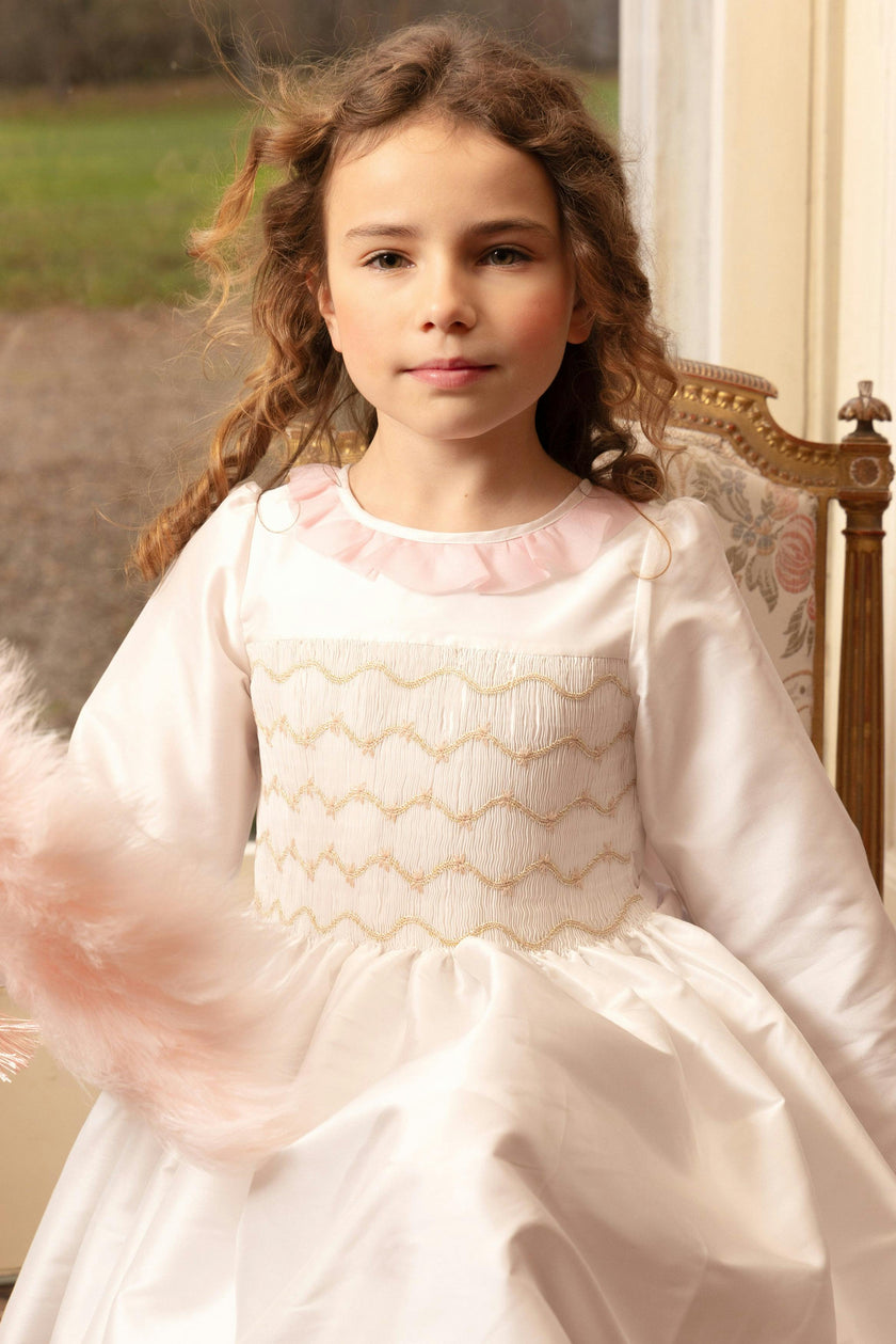 Sofia White Taffeta Long Sleeve Smocked Dress
