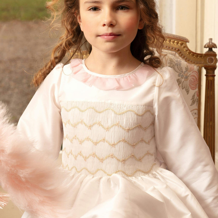 Sofia White Taffeta Long Sleeve Smocked Dress