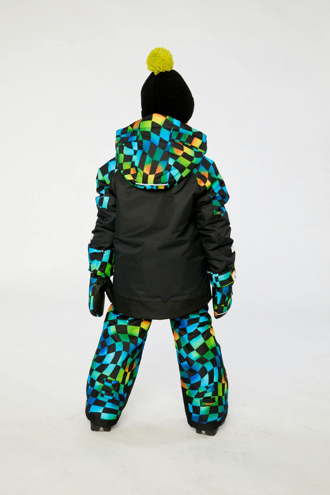 Two Piece Play Snowsuit Black Colorblock With Green Yellow And Blue Checkerboard Pants