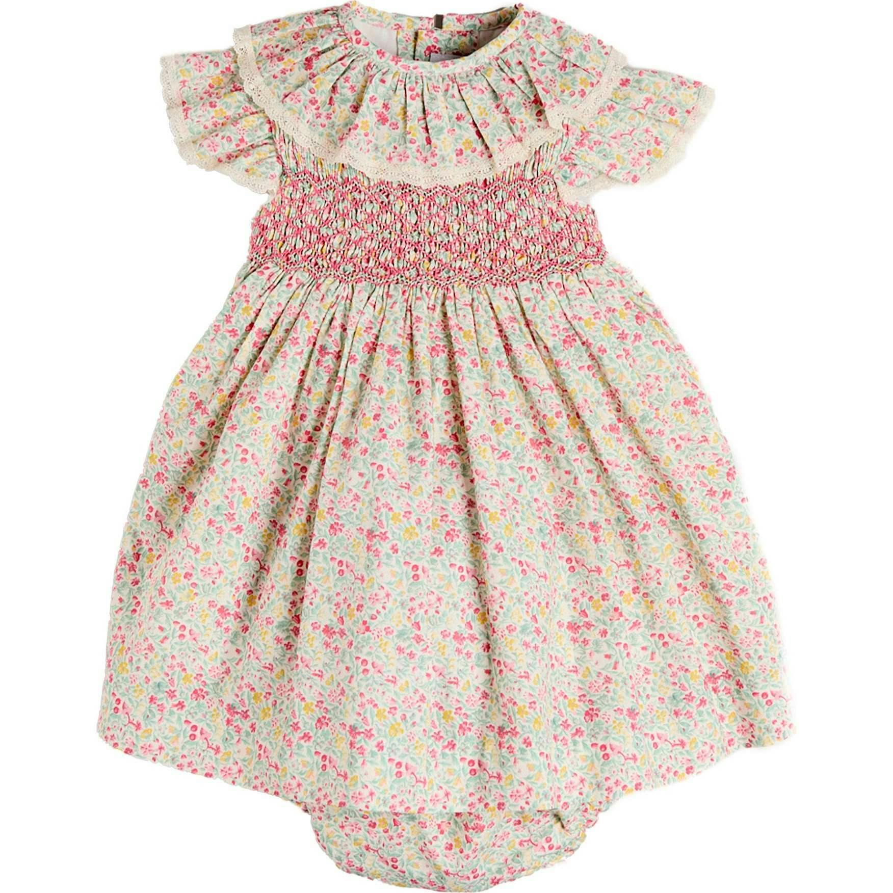Adelaide Floral Hand Smocked Ruffle Collar Cap Sleeve Dress in Pink (12mths-6yrs)