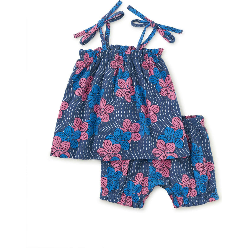 Baby Tie Shoulder Smocked Chest & Hem Set, Blue