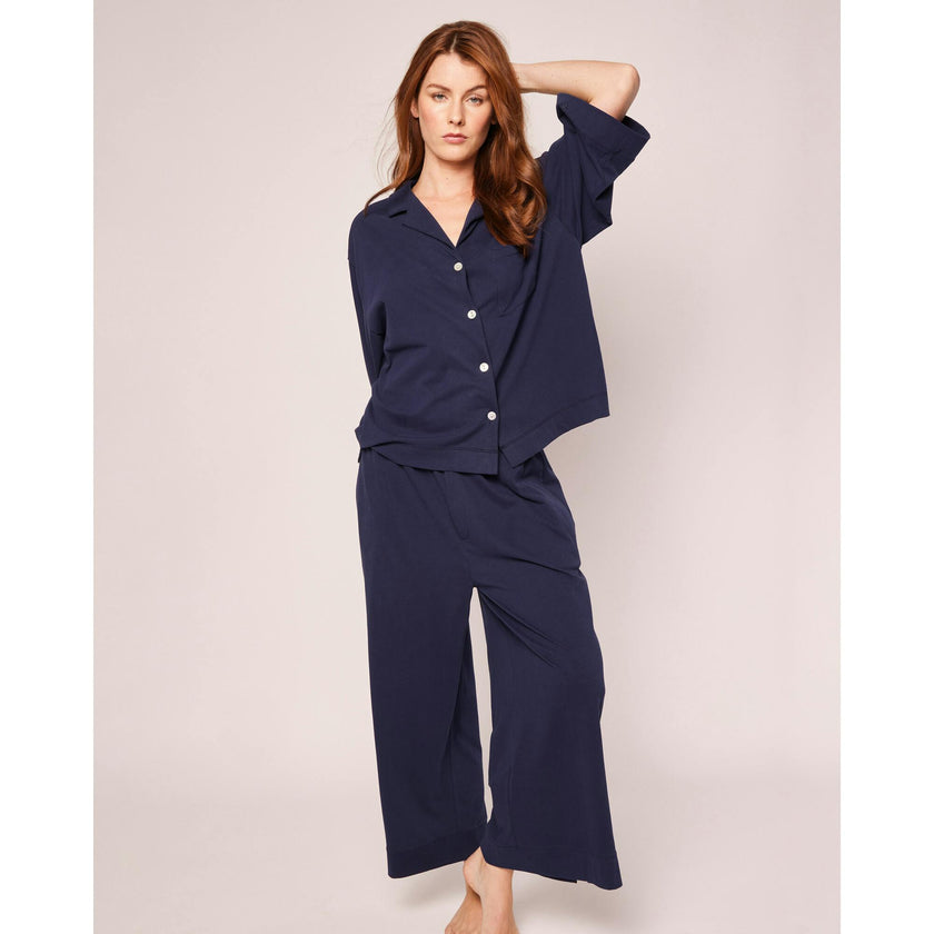The Olivia Wide Leg Pima Pajama Set in Navy
