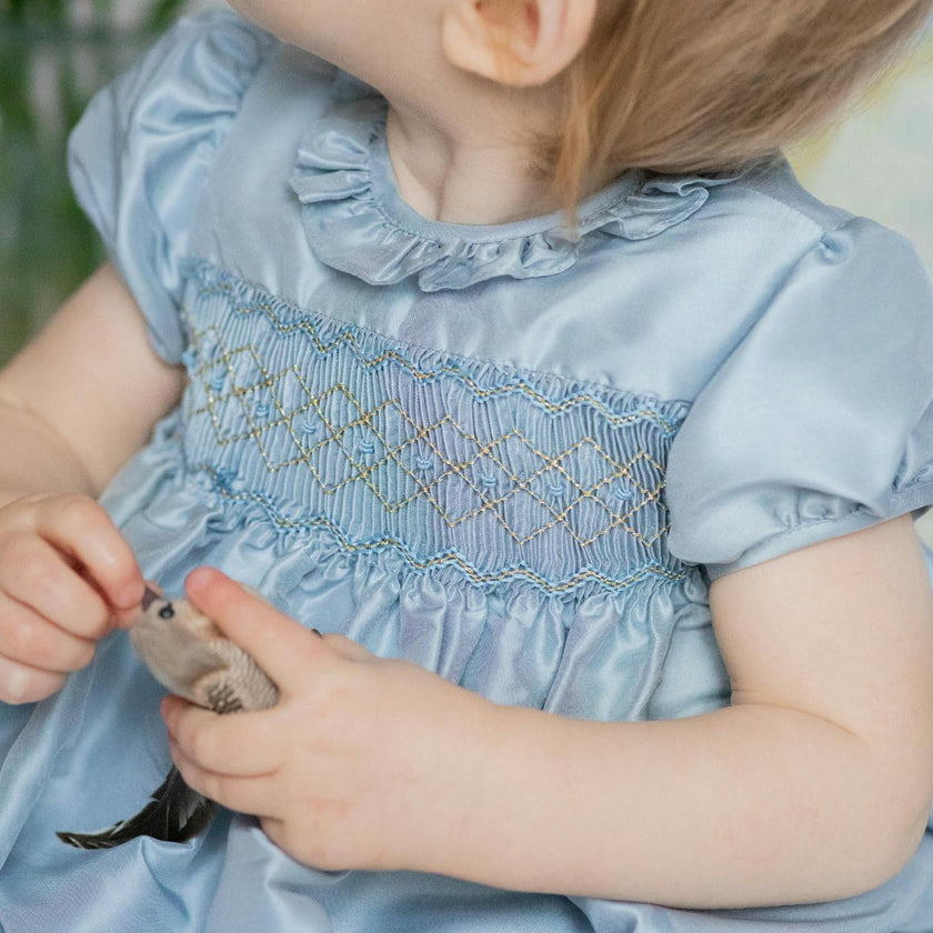 Astrid Blue Silk Smocked Baby Bubble