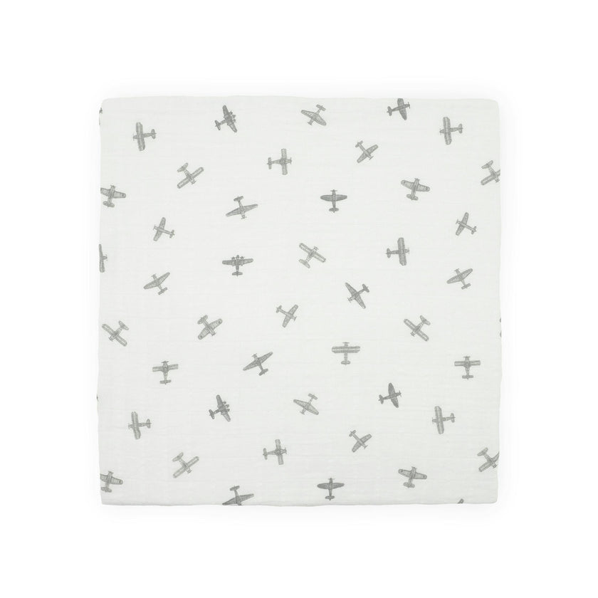 Organic Cotton Muslin Swaddle Blanket - Pewter Planes