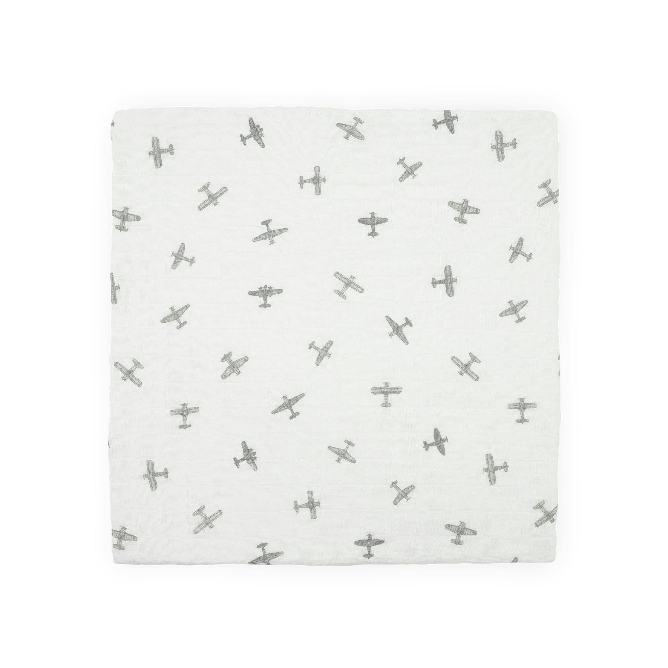 Organic Cotton Muslin Swaddle Blanket - Pewter Planes