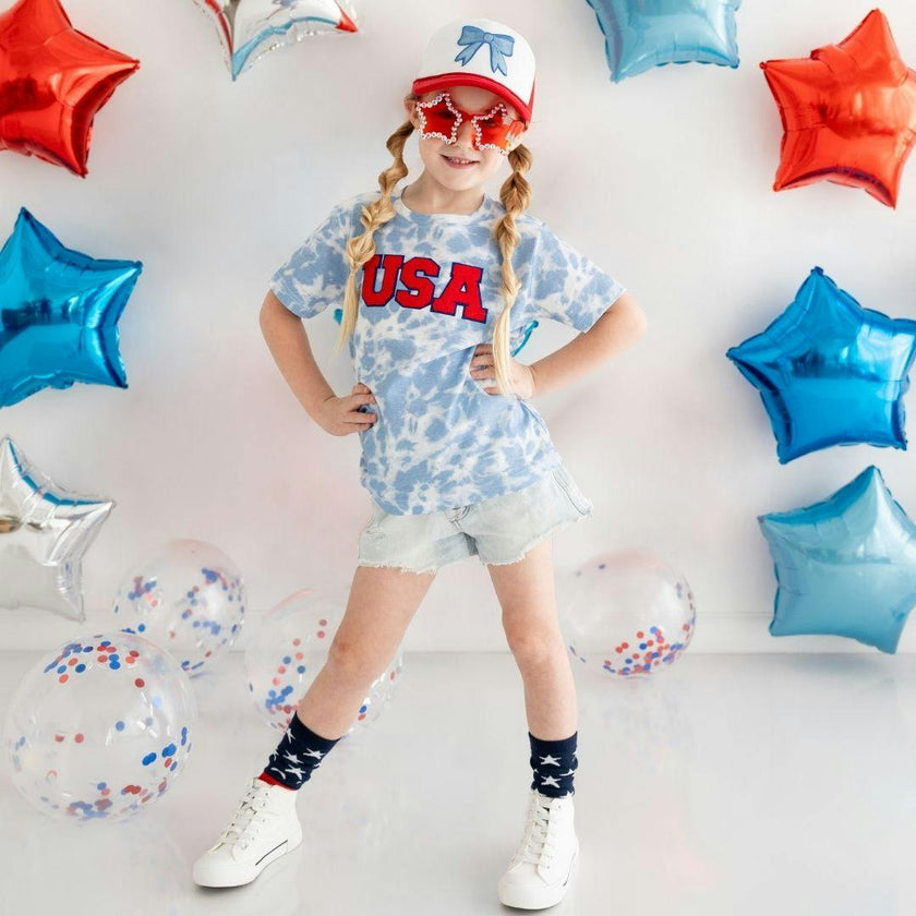 USA Patch Short Sleeve T-Shirt - Sky Tie Dye