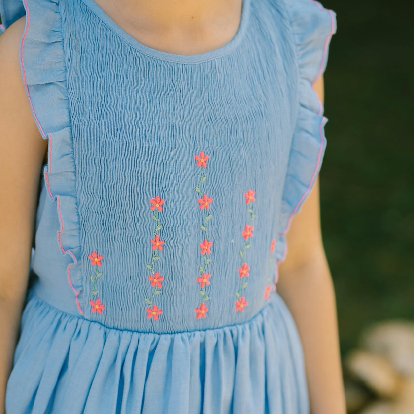 Elivia Blue Linen Smocked Dress