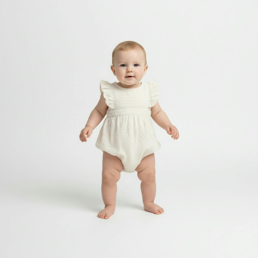 Organic Eyelet Flutter Romper- Ivory Eyelet