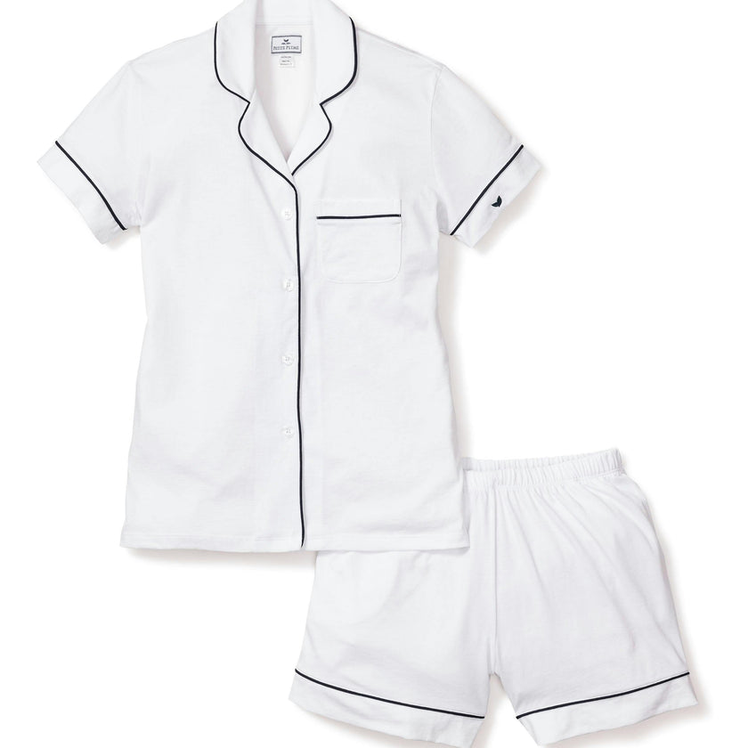 Women's Pima Pajama Short Set in White with Navy Piping