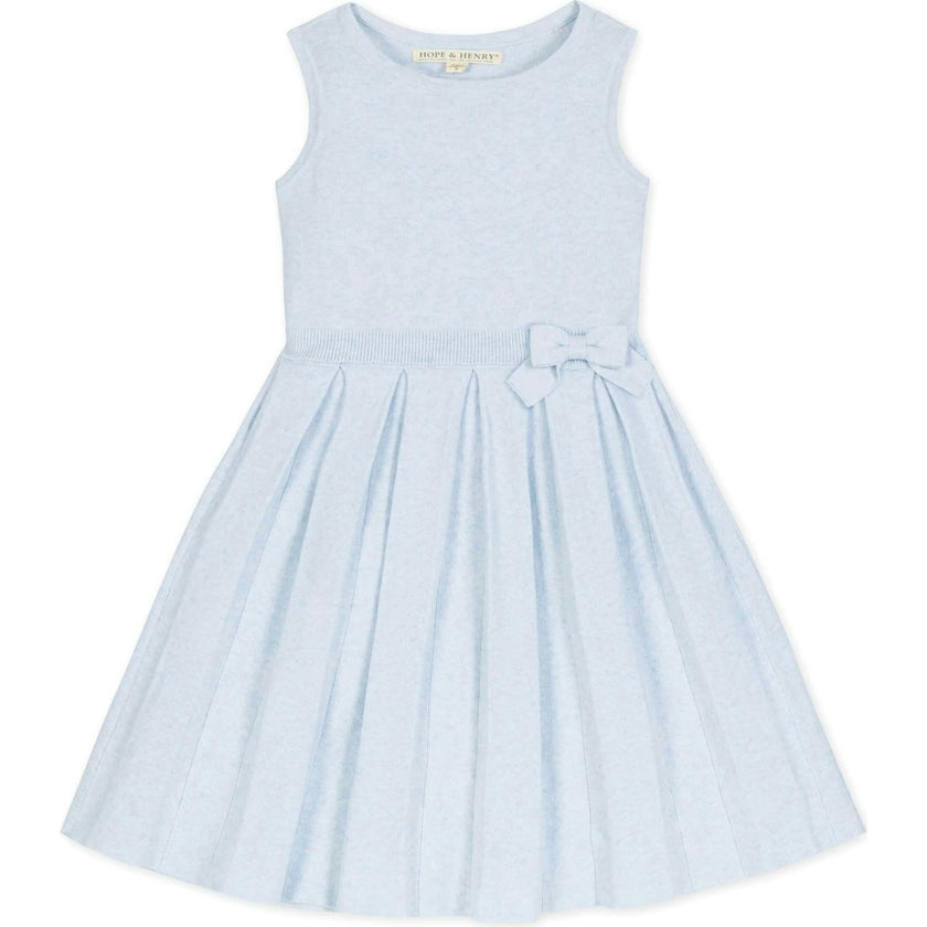 Organic Sleeveless Pleated Sweater Dress with Bow, Blue