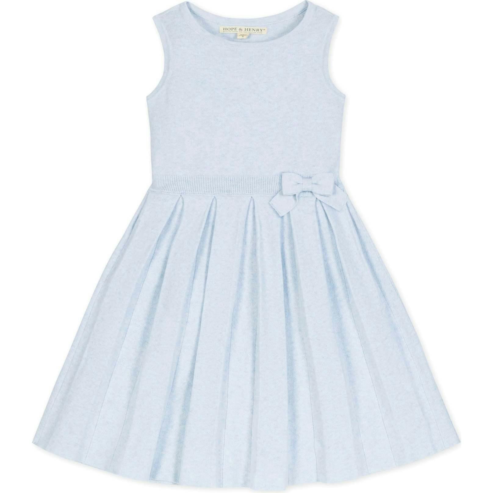 Organic Sleeveless Pleated Sweater Dress with Bow, Blue