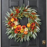 Mixed Autumn Pumpkin, Burnt Orange Sunflowers, Cream Ranunculus & Needle Leaf Eucalyptus Front Door Fall Wreath