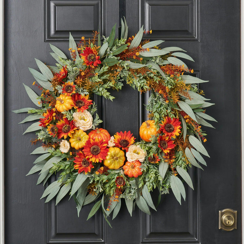 Mixed Autumn Pumpkin, Burnt Orange Sunflowers, Cream Ranunculus & Needle Leaf Eucalyptus Front Door Fall Wreath