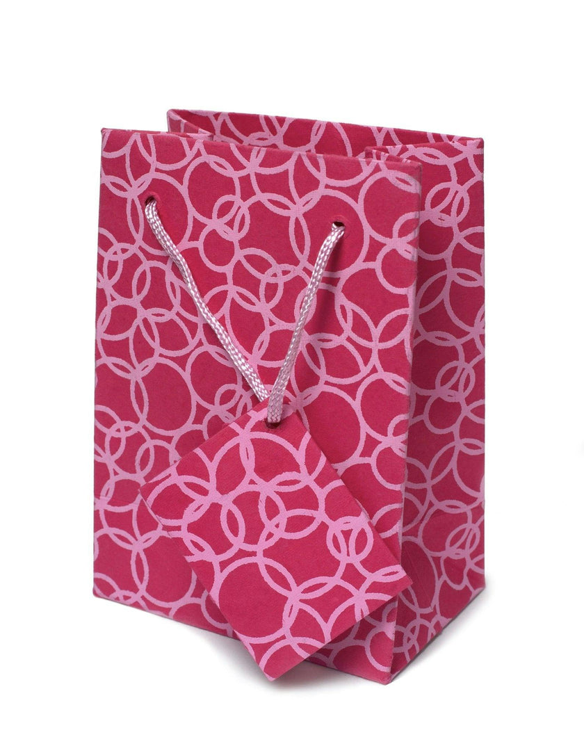 Set of Six Recycled Cotton Gift Bags Tag Pink Circles Design