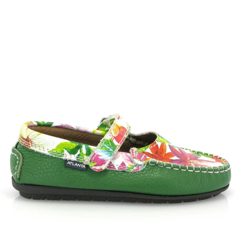 Mary Jane Moccasins, Green Printed Leather