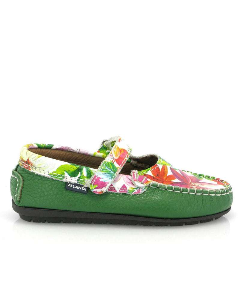 Mary Jane Moccasins, Green Printed Leather