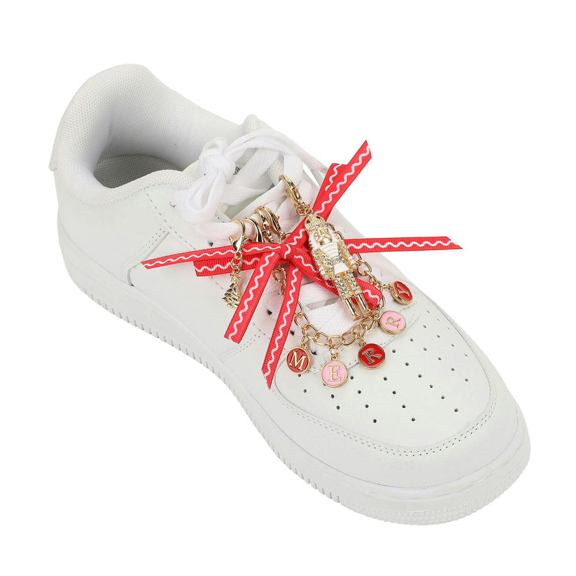 Packed Party Holiday Christmas Shoe Charm Set 5pc - Red Rickrack Bows, Gold Nutcracker, Tree Charm, and MERRY Letter Chain for Festive Sneakers