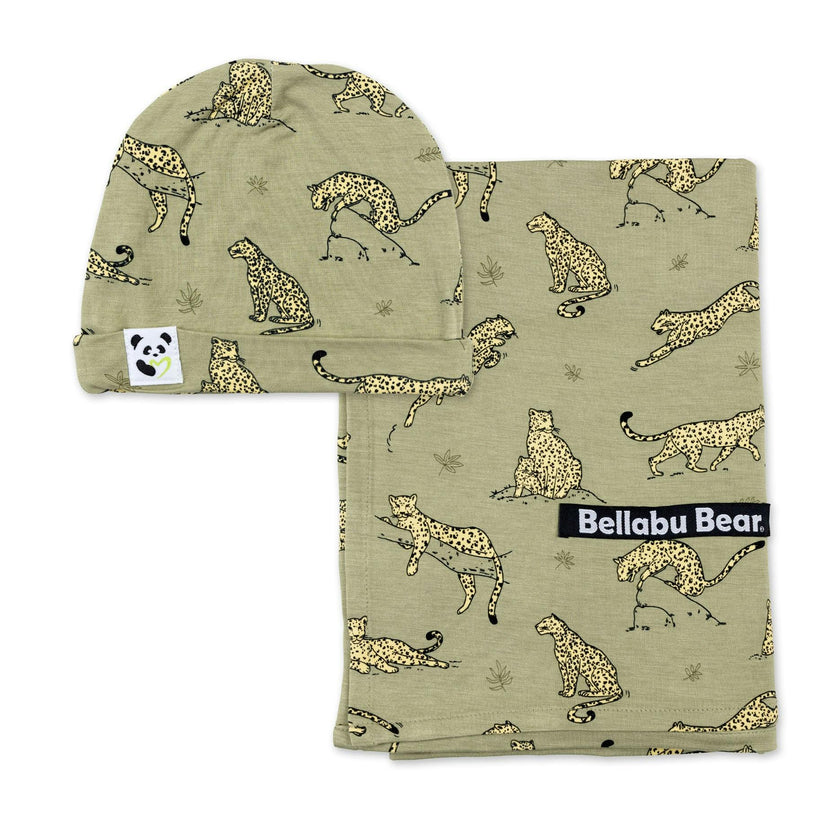 Sage & Spots Leopard Bamboo Swaddle & Beanie Set