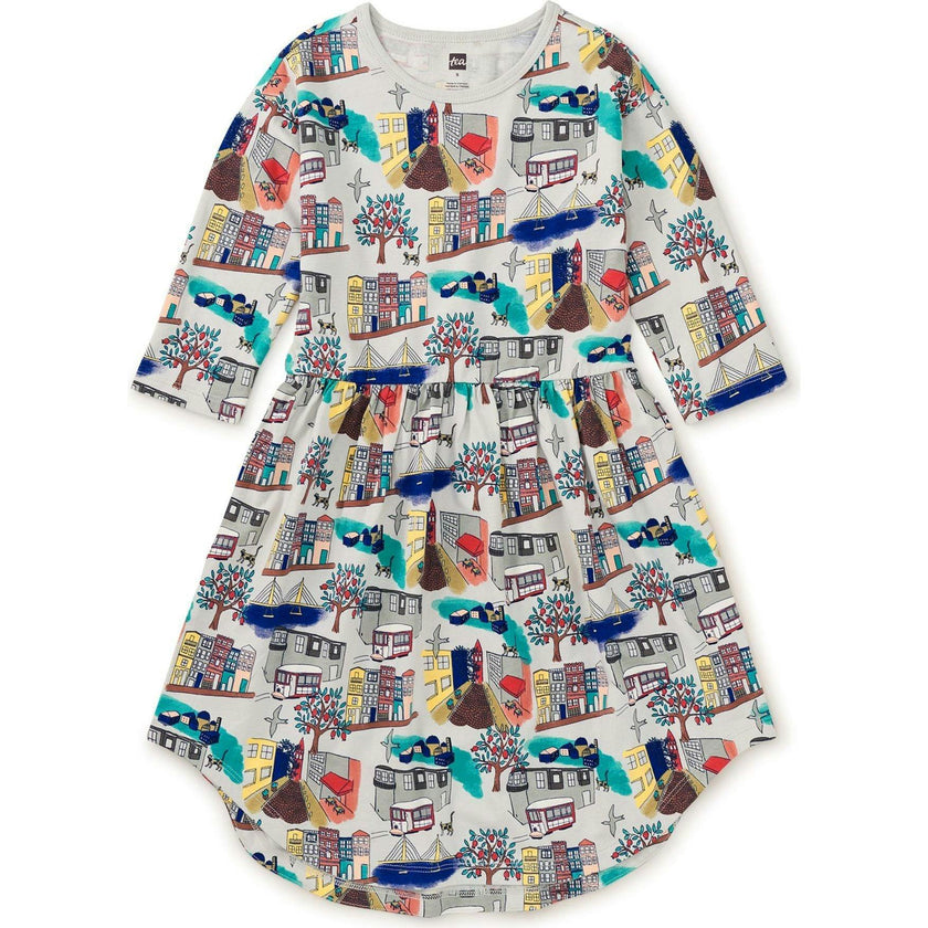 Graphic Print Crew Neck Long Sleeve Elastic Waist Midi Dress, Multi